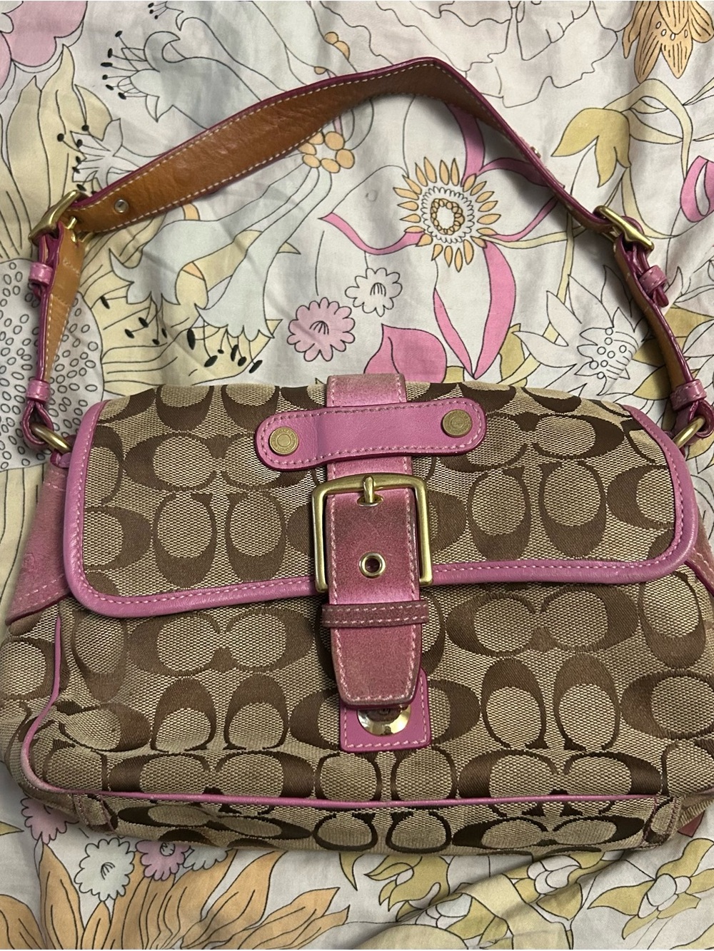 Coach Brown Signature Canvas Shoulder Bag with Pink Trim
